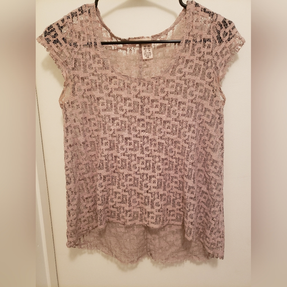 DKNY dusty rose pink sheer cap sleeve shirt top delicate lace classy size XS